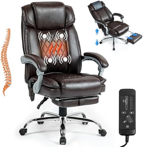 400lbs Executive Leather Office Chair with Ergonomic Design and Reclining Function - Comfortable Computer Desk Chair with Integrated Foot Rest-Brown & Casual