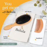 Belula 100% Boar Bristle Hair Brush Set (Large). Soft Natural Bristles for Thin and Fine Hair. Restore Shine And Texture. Wooden Comb, Travel Bag and Spa Headband Included!