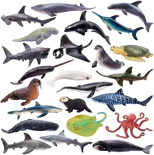 TOYMANY 24pcs Mini Ocean Animal Figurines: Realistic Cake Toppers with Sharks, Whales & Octopus - Great for Kids' Parties, Gifts & School Projects