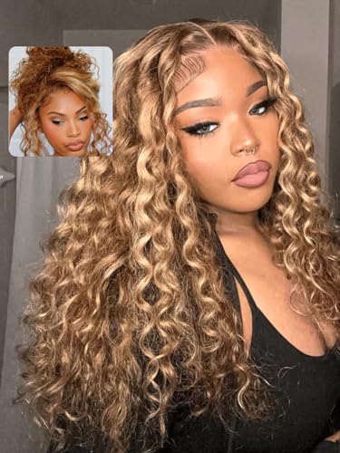 UNICE Water Wave Blonde Highlight Bye Bye Knots Glueless Wigs Human Hair Pre Plucked Pre Cut 7x5 Lace Front Wigs Human Hair Wet and Wavy Put on and Go Human Hair Wig 150% Density 20 Inch