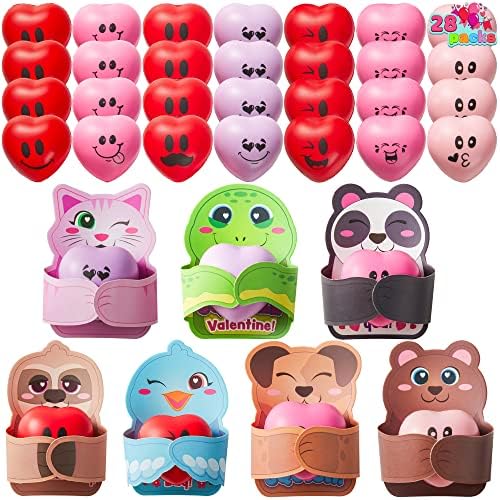 JOYIN 28 Packs Heart Stress Ball with Valentine Cards Heart Shape squishy toy Stress Relief Fidget Toy with Valentine’s Greeting Cards for Kids Valentine's Day Gifts Party Favors, Classroom Exchange