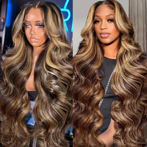 32 Inch Honey Blonde Ombre Lace Front Wig Human Hair Highlight Body Wave Lace Front Wigs Human Hair Pre Plucked 180 Density Glueless 13X4 HD Lace Frontal Wig for Women 4/27 Colored