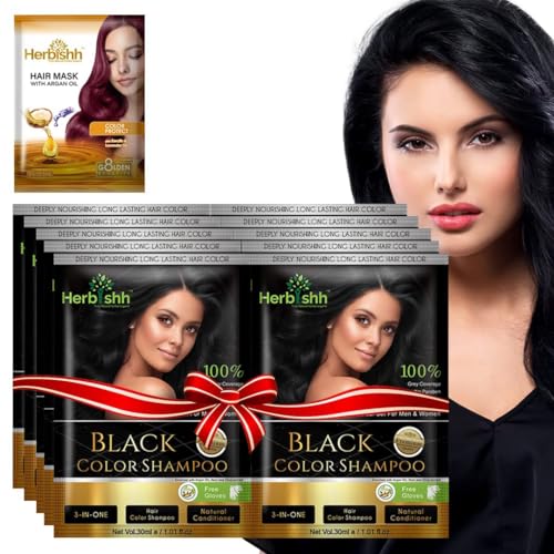 Herbishh Natural Hair Dye Shampoo with Argan Mask - Long-Lasting Color for Gray Hair - Travel Size, 10+1 Pack, Ammonia-Free (Black)