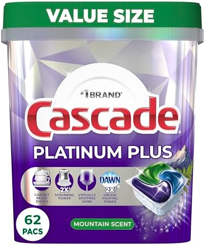 Cascade Platinum Plus ActionPacs Dishwasher Detergent Pods, Dishwasher Soap, Cleaning Supplies, Mountain, 62 Count