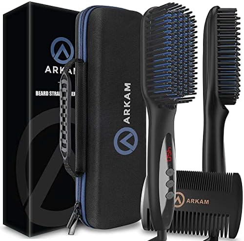 Arkam Beard Straightener for Men -Premium Heated Beard Brush Kit w/Anti-Scald Feature, Dual Action Hair Comb and Hard Shell Travel Case for Medium to Long Beards - Costume and Grooming Gifts for Men