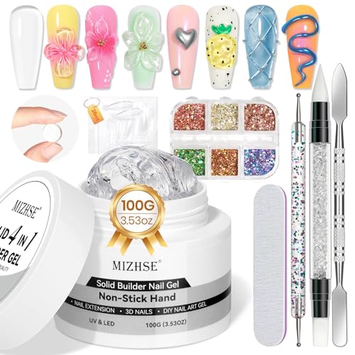 MIZHSE 100g Solid Builder Gel for Nails, Large Capacity Clear Hard Gel for Nails 3D Sculpting Gel for Nail Art Gel U V LED Nail Builder Gel Kit with 3D Silicone Pen, for Nail Salon Home DIY