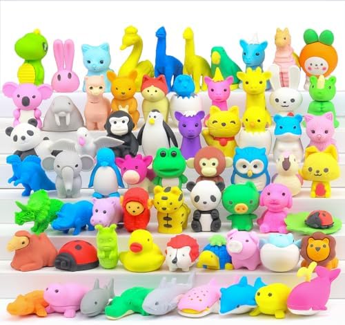 Animal Erasers for Kids 65 Pack Cute Mini Pencil Erasers Bulk Fun Puzzle Erasers Desk Pets for Students Classroom Rewards Prizes School Supplies Treasure Box Goodie Bags Party Favors
