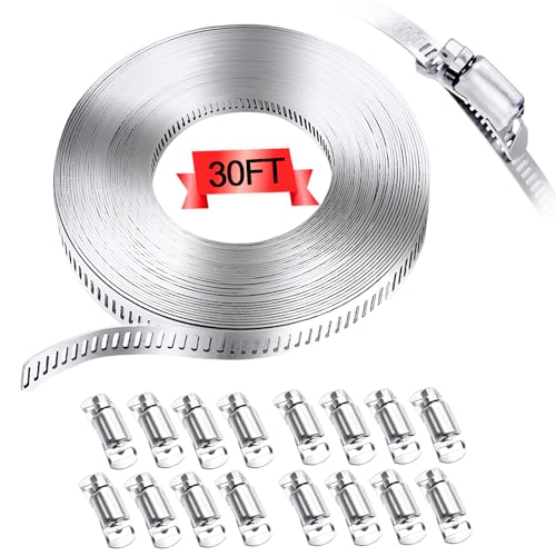 304 Stainless Steel Hose Clamp Assortment Kit,DIY 30FT Metal Strap + 16 Stronger Fasteners,Adjustable Worm Gear Hose Clamps Screw Clamps for Pipe,Tube,Duct and Fuel Line