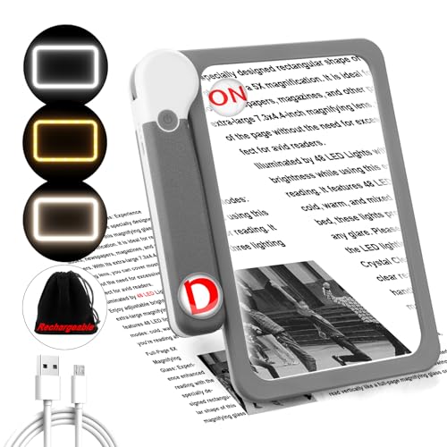 30X 10X 5X Large Magnifying Glass with Light, Rechargeable Foldable Full Book Page Magnifier, 48 LED Light Small Print Magnifier Sheet Lightweight for Low Visual Person and Seniors Light Gray