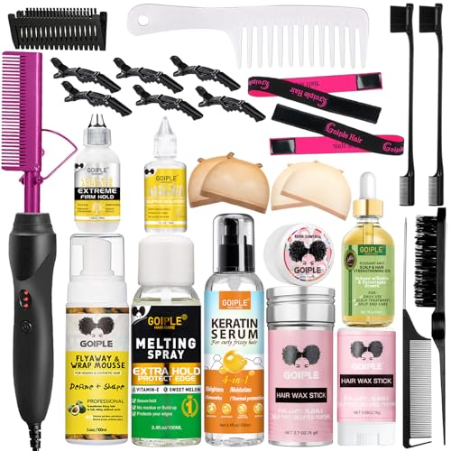 Goiple Hot Comb Straightener for Wigs and Natural Hair - Ceramic Electric Hair Straightening Comb, Curling Iron & Pressing Combs Kit