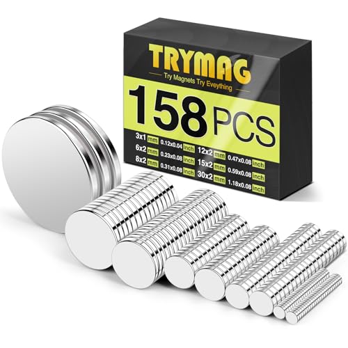 TRYMAG 158Pcs Strong Neodymium Magnets, Rare Earth Magnets Heavy Duty Magnets for Multi-Purpose, 6 Different Size Magnets for Whiteboard, Refrigerator, Mini Magnets for DIY, Crafts, Fridge Magnets