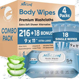 MintLeaf XL Deodorizing Body Wipes with Vitamin E Aloe Scented 9x11 | Thick Cleansing Natural Adult Shower Wipes | Hypoallergenic Washcloths Incontinence Camping Travel Gym | 216 + 18 Individual Wipes