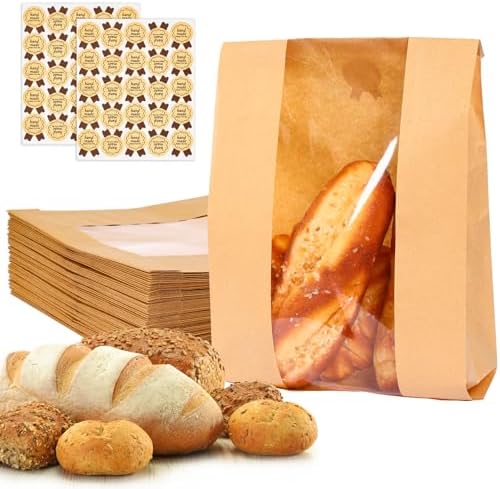Moretoes Sourdough Paper Bread Bags, 100 Packs Bread Bags for Homemade Bread, Bread Bags with Window Includes Label Seal Stickers for Baked Food Packaging Storage (13.7x8.3x3.5 Inch)