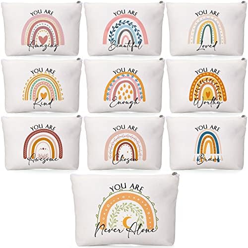 Coume 10 Pcs Rainbow Canvas Makeup Bags Bulk Inspirational Quotes Cosmetic Zipper Personalized Encouragement Travel Pouch Toiletry Bag for Women Girls Teacher Friend Birthday