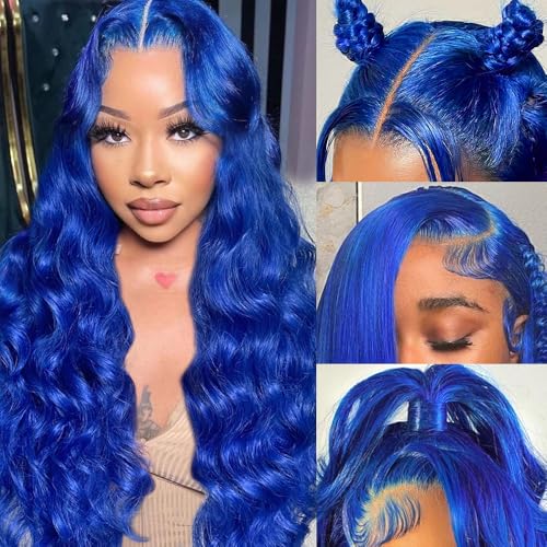 Blue Lace Front Wig Human Hair - 13x4 Lace Front Wigs Human Hair 200% Density Body Wave Colored Wigs Human Hair HD Transparent Lace Front Wigs Human Hair Pre Plucked with Baby Hair 20 Inch