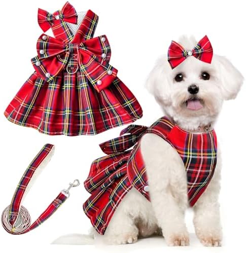 PETCARE Cute Dog Dress Clothes for Small Dogs Cats Girl Female Red Plaid Bow Tie Dog Harness Dresses Leash Set with Pearls Bow Accessories Birthday Puppy Dress Shih Tzu Yorkies Chihuahua Outfits
