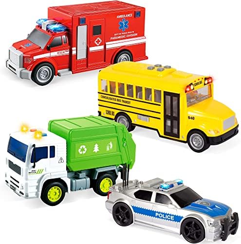 JOYIN 4 Pcs 7" Long Vehicle Toy Set, Toddlers Cars with Lights and Siren Sound, Including Play Police Car, School Bus, Garbage Truck, Ambulance, Birthday Party Gifts Toys for Boys 3-5