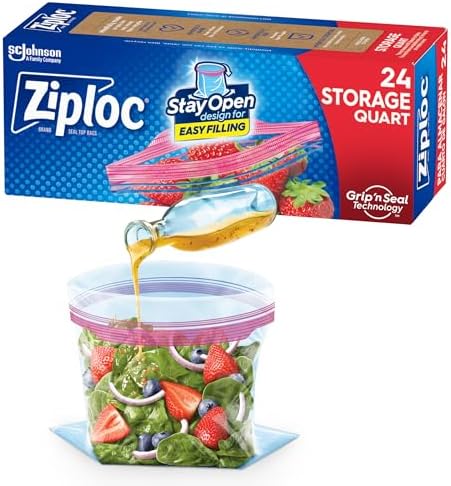 Ziploc Quart Food Storage Bags, Stay Open Design with Stand-Up Bottom, Easy to Fill, 24 Count