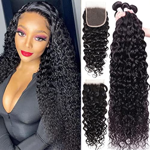 Human Hair Bundles with Closure (12 14 16+10，Free Part) Water Wave 3 Bundles Human Hair with Closure 10A Brazilian Virgin Human Hair Weave Bundles with Closure Double Weft Natural Color