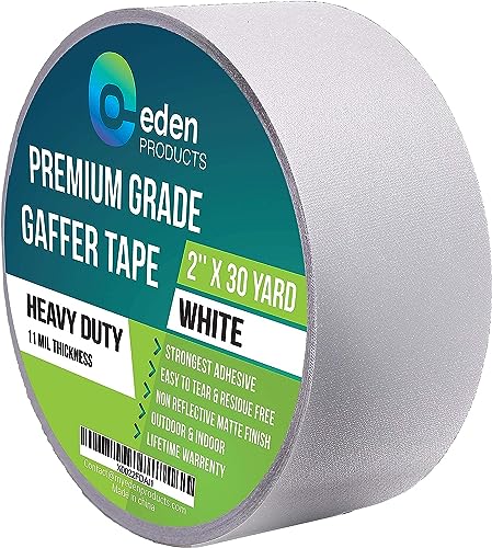 EdenProducts Professional Grade Gaffer Tape 2" x30 Yards, Floor Tape for Electrical Cords Cable Tape, Non-Reflective Matte Finish Gaff Tape, No Residue Multipurpose White Gaffers Tape 2 inch