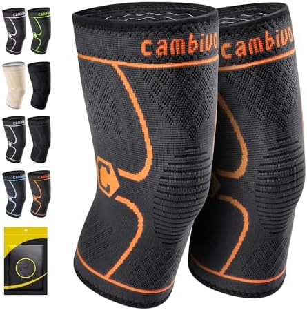 CAMBIVO 2 Pack Knee Brace, Knee Compression Sleeve Support for Men and Women, Knee Pads for Running, Hiking, Meniscus Tear, Arthritis,Joint Pain Relief (Orange,Small)