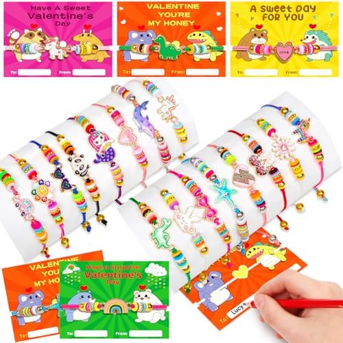 Valentines Day Cards Gifts for Kids 24 Friendship Bracelets Dinosaur Unicorn Bracelets Adjustable Play Jewelry Little Girls Classroom School Exchange Prizes For Boys Students Toddlers Party Faovr Bags