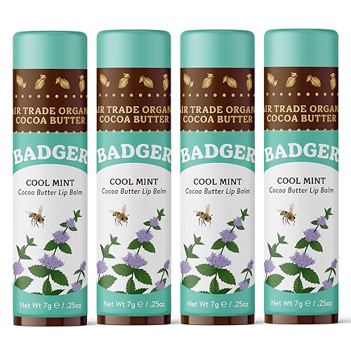 Badger - Cocoa Butter Lip Balm, Cool Mint, Certified Organic Lip Balm, Fair Trade, Lip Butter, Lip Balm Cocoa Butter, Cocoa Care Lip Balm, 0.25 oz (4 Pack)