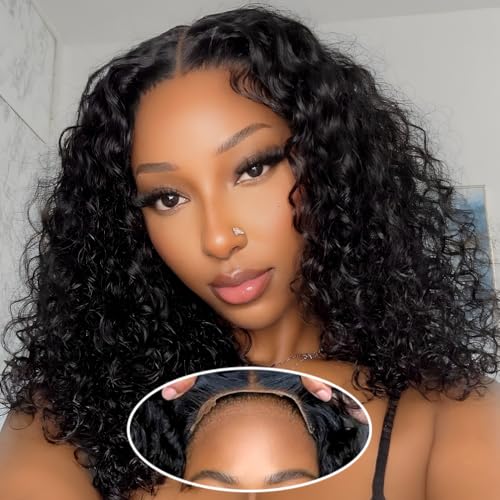Glueless Wigs Human Hair Pre Plucked Pre Cut, Short Curly Deep Wave Lace Front Wigs Human Hair, 180% Density Wear and Go Glueless Bob Wig Human Hair Glueless for Women 16 Inch Natural Black