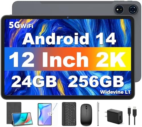 Tablet 12 inch Android 14 Tablets, 24GB（8+16）RAM+256 Storage(Expand to 1TB), Android Tablet with Keyboard, Octa-Core, 2K 2000x1200 Display, 16MP Dual Camera, 8000mAh, 5G WiFi,GPS,Bluetooth 5.0（Silver）