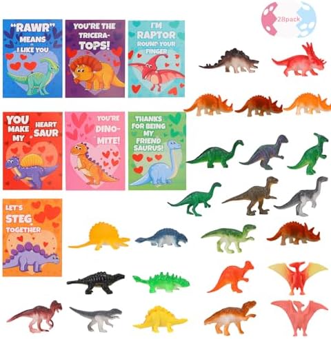 Valentines Day Gifts for Kids Classroom - Dinosaur Valentines with Cards Party Favors for Class School - Mini Dinosaur Figures Toys Valentine Gift Exchange - 28 Pack