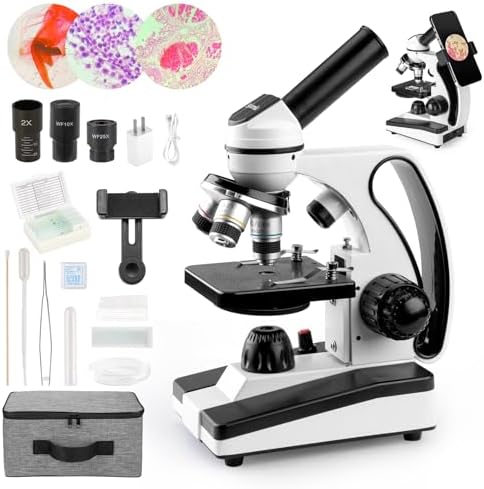 Microscope for Adults Kids 40X-2000X Compound Monocular Microscope for Students School Laboratory Home Education with Slides Set Phone Adapter