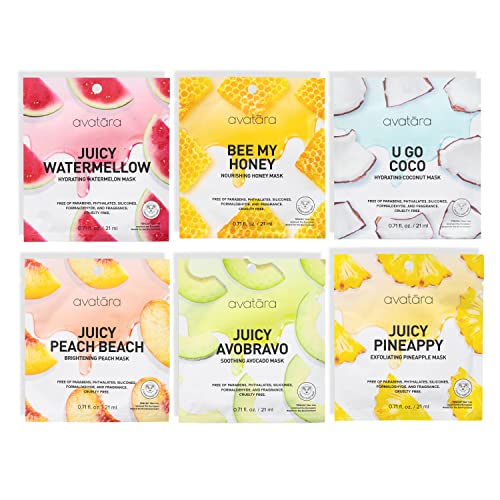 Avatara 6-Pack Sheet Mask Set, Beauty and Skincare Sheet Masks Collection, Skincare with Natural Extracts, Hydrating Face Mask Skin Care Set, All Skin Types, Teen Skincare, 6 Sheets