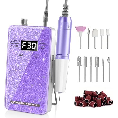 Professional Electric Nail Drill File: Glitter Portable Cordless E-File Nail Drill Kit with 11 Nail Drill Bits,30000 RPM Rechargeable Nail Drill Machine E File for Acrylic Nails Gel Polishing(Purple)