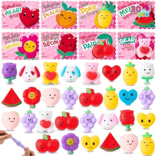 JOYIN 30 Packs Valentine’s Day Gift Cards with Fruit Mochi Squishy Toys, Stress Relief Fidget Toys, Cartoon Squeeze Toys for Kids Valentine's Party Favors, Classroom School Exchange and Game Prize