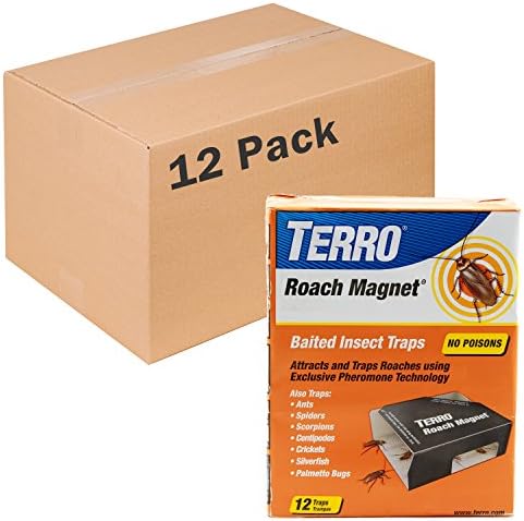 TERRO T256 Poison Free Roach Magnet Trap and killer with Exclusive Pheromone Technology - Kills Ants, Spiders, Scropions, Silverfish, Crickets, and More - 12 Pack 144 Traps