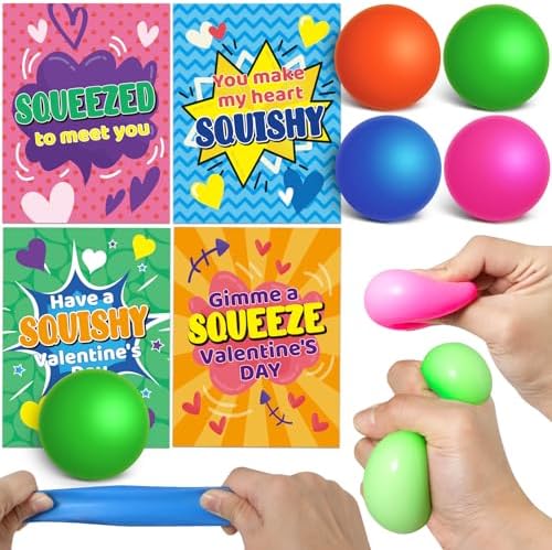 28PCS Valentines' Day Gift Cards for Kids Classroom School Exchange, Bulk Valentines' Cards with Small Ball, Valentines' Small Relief Squeeze Toys for Valentine Party Favor, Valentines' Day Card