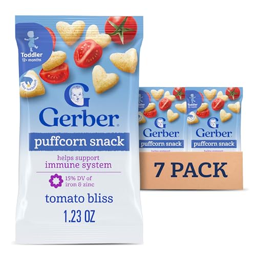 Gerber Toddler Snacks, Tomato Bliss Puffcorn Snack, Kernel Free, Heart Shaped, Zinc and Iron Helps Support Immune System, Toddler Food, 7-Pack