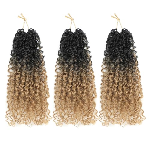 Aksice 10 Inch Yanky Twist Crochet Hair Pre-looped 3 Packs Ombre Brown Spring Twists Hair Senegalese Twist Crochet Hair with Curly Ends Synthetic Crochet Braids (12 inch,pack of 3,OT27)