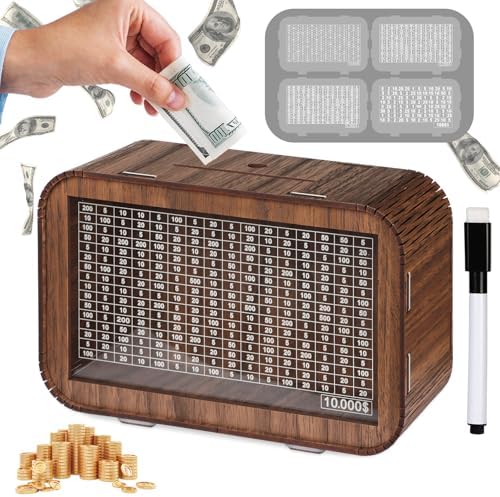 4-in-1 Piggy Bank for Adults Kids - Fully Assembled Wooden Money Saving Challenge Box(1000/3000/5000/10000) - Money Bank with Counter and Dry Erase Pen - Kakeibo Money Box for Cash Coin - BestGift