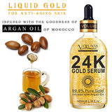 Voluxss 24K Gold Serum for Face, Skin Brightening Anti Aging Moisturizer with Vitamin C, Hyaluronic Acid & Argan Oil for Dark Spots & Fine Lines, Korean Skin Care Glow Collagen Booster Serum 3.38fl.oz