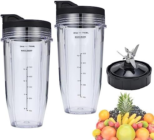 24oz Blender Cups and 7 Fins Blade for Ninja Nutri BN401, BN400, BN801, BN800, Replacement Cups with Sip and Seal Lids. (2Pcs 24oz Cups+1 Pc Blade)- BPA Free.