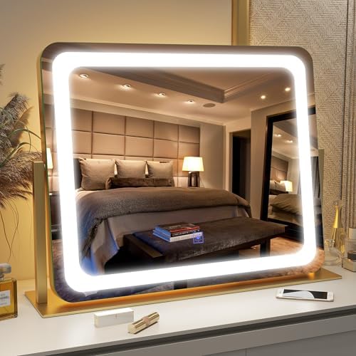 FENNIO Gold Vanity Mirror with Lights 22"x19", LED Lighted Makeup Mirror, Large Makeup Mirror, Make up Mirror with Lighting,Touch Screen with 3-Color Lighting,Dimmable,for Vanity Desk Tabletop