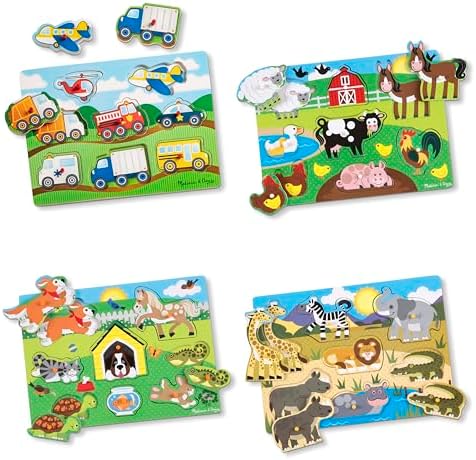 Melissa & Doug Wooden Peg Puzzle 4-Pack for Toddler and Preschool Boys and Girls – Vehicles, Farm, Safari, Pets