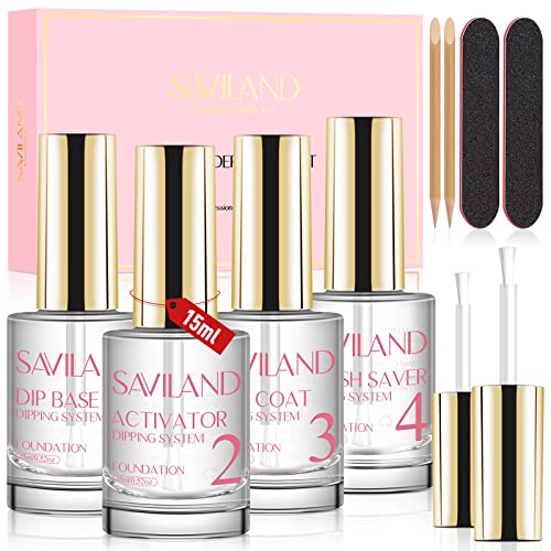 SAVILAND Dip Powder Liquid Set 15 ml/0.5 oz,10 Pcs Nail Dip Liquid Set with Base/Top Coat, Activator Brush Saver Acrylic Gel Dip Nail File Dip Nail Liquid Set No Curing Needed DIY Home Salon Quality