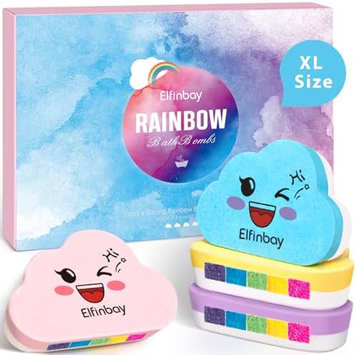 Rainbow Bath Bombs for Kids Girls, 4 XL Organic Kids Bath Bombs with Surprise Colors Inside, Cloud Bath Bombs for Women Relaxing, Stocking Stuffers for Kids Birthday Christmas Gifts for Girls