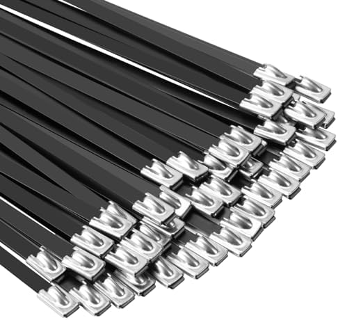 Metal Zip Ties Black 18 inch 290LB 50pcs Heavy Duty 304 Stainless Steel Epoxy Coated Locking Cable Exhaust Wrap Multi Purpose Binding for Machinery, Vehicles, Farms, Cables, Pipes,Fence