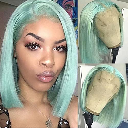 Mint Green Short Bob Wig Virgin Human Hair 14inches Middle Part 13x4 Lace Frontal 180% Density Straight Hair Bleached Knots with Baby Hair Pre Plucked Hairline for Women(Could be Restyled)