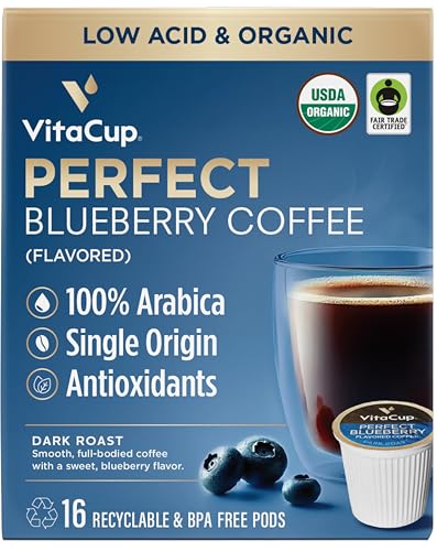 VitaCup Perfect Blueberry Flavored Low Acid Coffee Pods, Organic, Fair Trade, Dark Roast Single Origin from Guatemala, Clean & Pure, Recyclable Single Serve Pods, 16 Ct