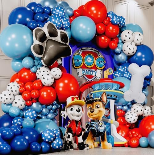 ALL-IN-1 Paw Balloon Arch & Garland Kit with BONUS Dog Bone – Small and Large Red, Dark Blue Paw Balloons – Chase Paw Birthday Party Decorations & Supplies – Boy