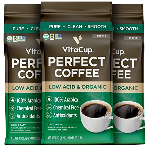 VitaCup Perfect Low Acid Coffee Ground, USDA Organic & Fair Trade, Mycotoxin Free, Dark Roast Guatemala Single Origin, Clean & Pure for Drip Coffee Brewers and French Press, 3 bags, 11oz each